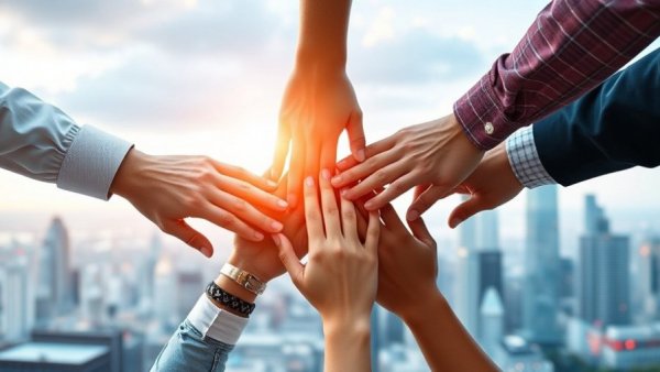 Diverse hands join over cityscape, symbolizing AI in software development.