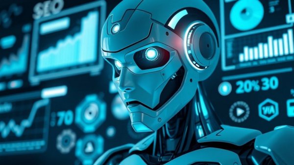 AI-powered SEO futuristic robot with holographic interface.