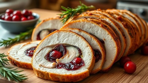 Savory turkey roulade recipe with cranberries and rosemary garnish.