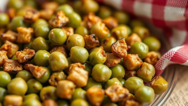 Crunchy roasted peas in a bowl close-up.