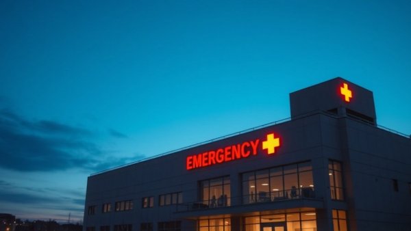 Red emergency sign against twilight sky, Hospital Preparedness Program cuts.