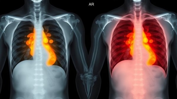 AI-enhanced chest X-ray highlighting tuberculosis detection on the left.