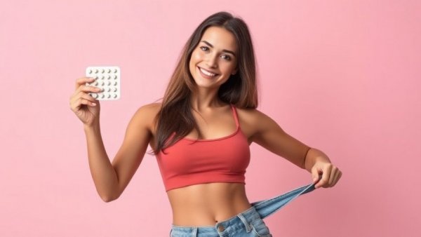 Person showing weight loss with Wegovy in a pill on a pink background.