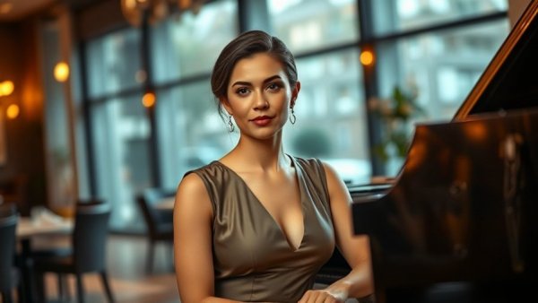 Margaret Murphy-Webb's Jazz Journey: Confident woman at piano in elegant setting.