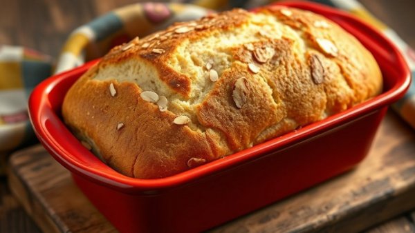 Savory almond flour bread in a red pan on wooden table.