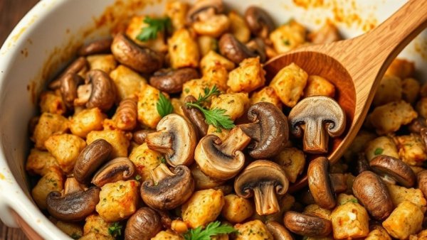 Healthy Thanksgiving stuffing dish with mushrooms and nuts.