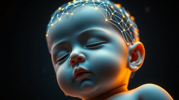 Futuristic baby with glowing neural network depicting chlorpyrifos brain damage.