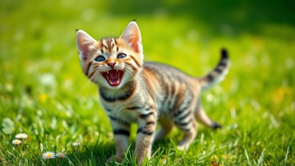 Adorable kitten playfully meowing on green grass.