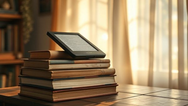 Vintage books and e-reader on table in sunlight for Senior Planet Book Club.