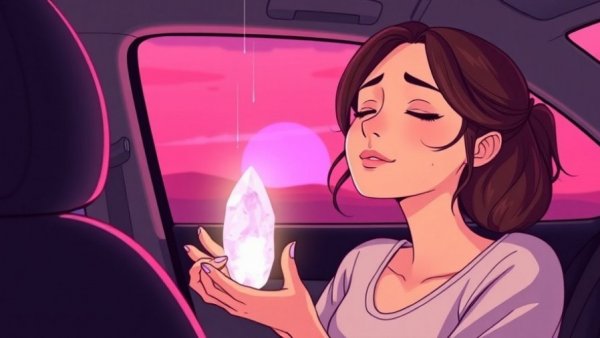 Mindfulness with Comfort Objects: Woman in car holding crystal at sunset.