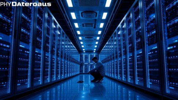 Person inspecting servers in a futuristic data center, highlighting data center transparency.