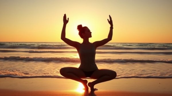 Woman practicing yoga on a beach at sunrise; mindfulness practices for body acceptance.