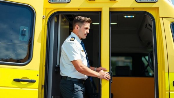 Specialist Mental Health Transport worker opening yellow ambulance.