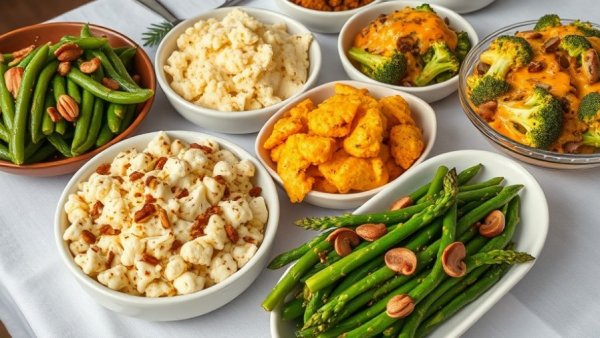 Assorted low-carb Thanksgiving side dishes on a festive table.