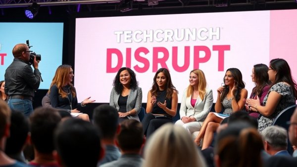 Diverse panel of women at TechCrunch Disrupt, Competing with Big Tech for Talent discussion.