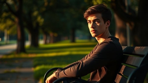 Pensive young man reflecting on gambling addiction in a park.