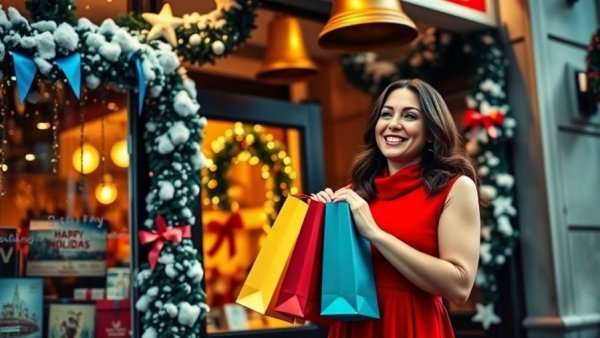 Woman with holiday gift bags in festive setting, 2025 Holiday Gift Guide.
