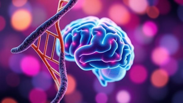 Detailed DNA double helix overlaying a brain model in vibrant colors.