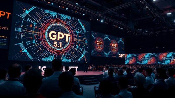 OpenAI GPT 5.1 conference scene with AI graphics and audience.