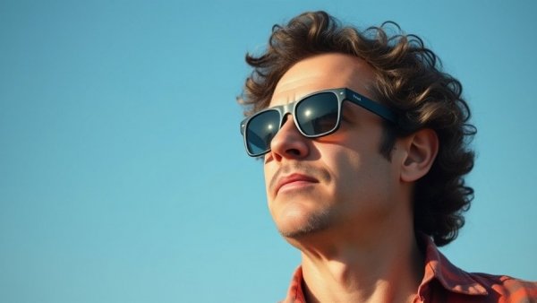 Confident man with sunglasses and curly hair, reflecting on ethics in technology.
