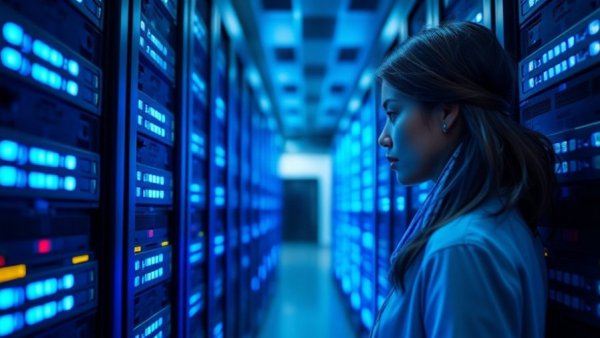 Woman in data center analyzing power supply issues with server racks.