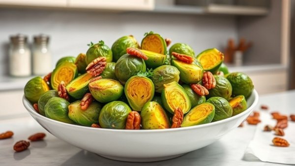 Vibrant brussels sprouts, avocado, pecan salad in white bowl.