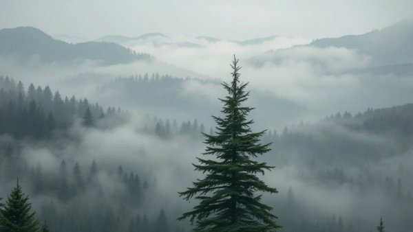 Lone evergreen tree in misty forest symbolizing carbon credit market consolidation.