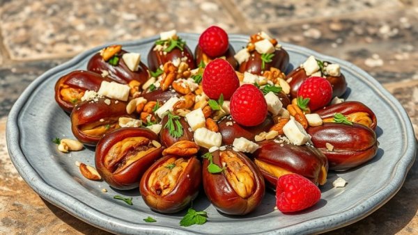Assorted stuffed dates creatively presented on a plate.