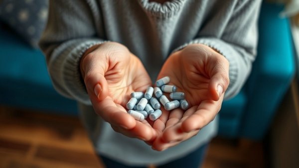 Older woman holding hormone therapy pills, indoor setting, soft lighting.