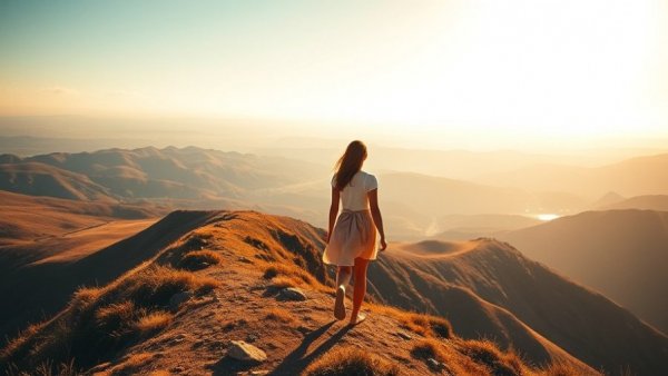 Woman on sunlit mountain ridge embodying emotional healing process.
