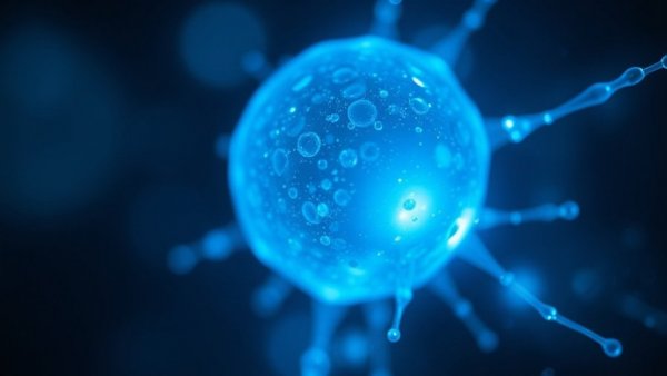 Glowing blue cell in soft bokeh light background, high-fiber foods T cell senescence.