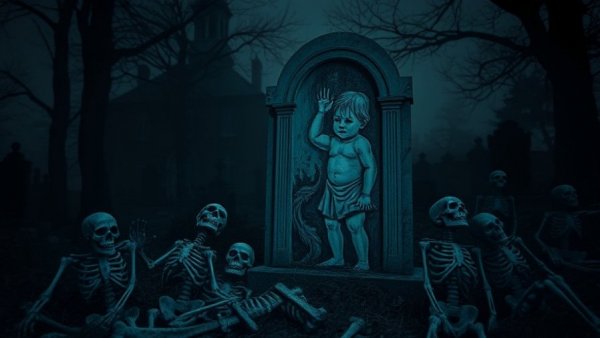 Creepy gravestone amidst skeletons in a foggy haunted cemetery.