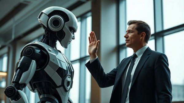 Sleek humanoid robot interacting with man in futuristic setting