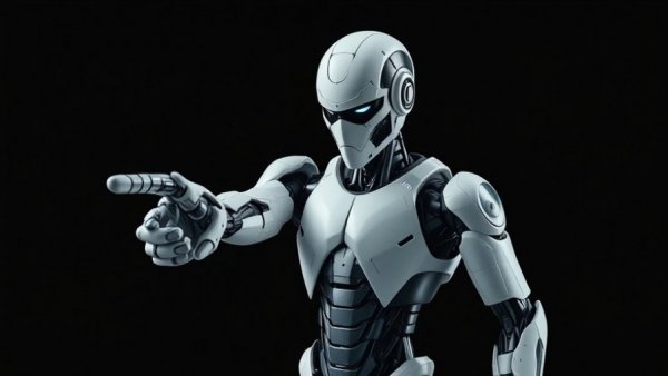 Futuristic humanoid robot pointing in minimalistic setting, symbolizing AI and Mobile Solutions for B2B Trade