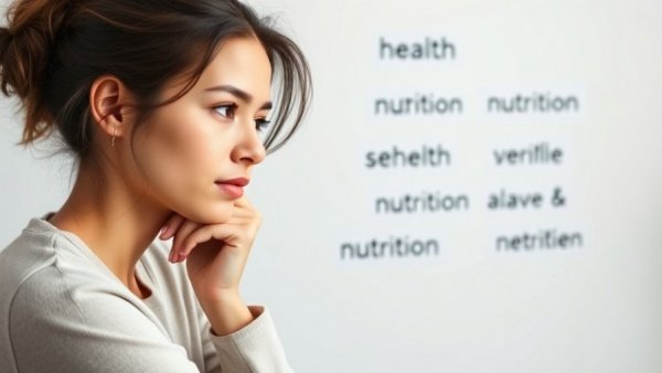 Young woman considers health messages about how nutrition impacts mental health.