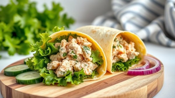 Protein Packed Tuna Wraps on wooden board with cucumbers and onions.
