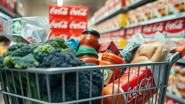 Assorted groceries in cart amidst store aisle, Rethinking Food Policy and Nutrition.