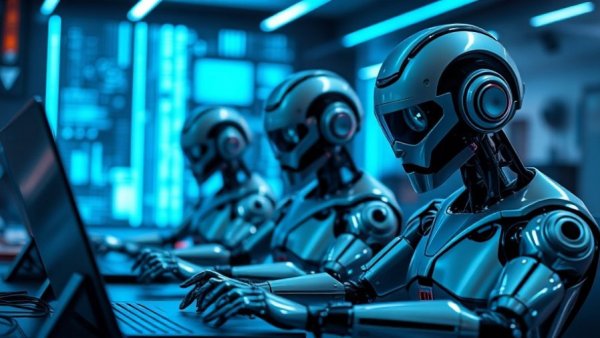 AI agents redefine workplaces with futuristic robots at desks