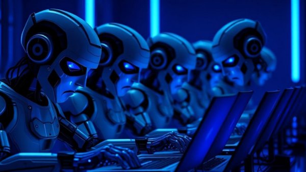 AI agents typing on laptops in a blue neon digital setting.