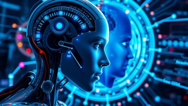 Futuristic AI human-robot integration concept in high-tech digital environment.