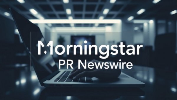 AI-powered public relations concept with hands on laptop and digital PR logo.