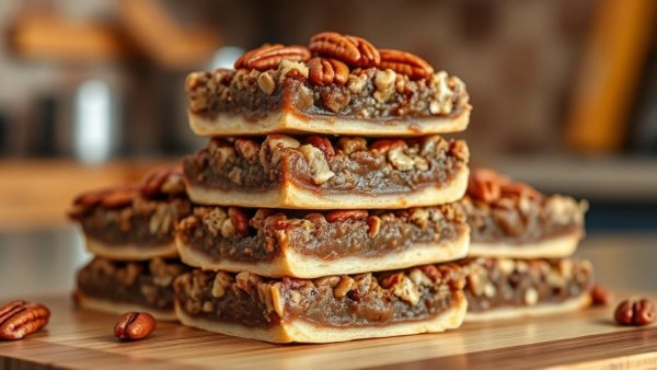 Stack of healthier pecan pie bars topped with caramelized pecans.