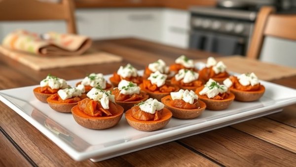 Healthy Sweet Potato Bites with Feta on a white plate.