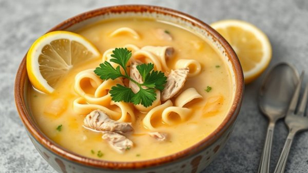 Delicious creamy turkey noodle soup with parsley and lemon wedge.