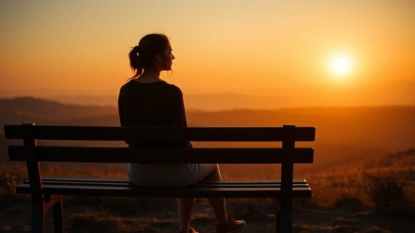 Young woman sitting on a bench, watching sunrise; Transform Your Morning Routine.
