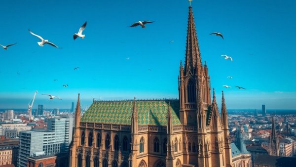 Gothic cathedral with patterned roof under blue sky, cityscape view.