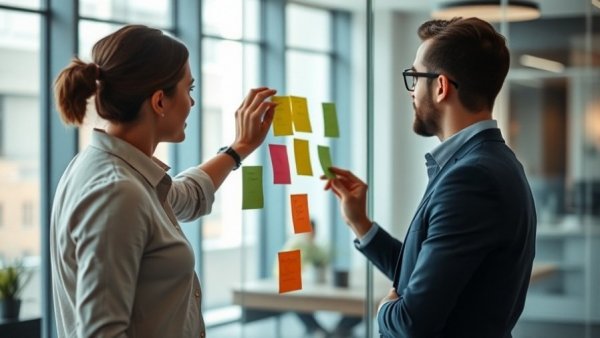 Office team using sticky notes for burnout prevention strategy planning.