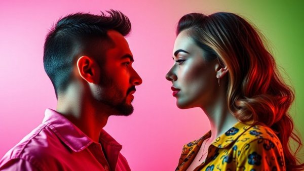 Pop art couple expressing distance, reflecting AI relationships and divorce.