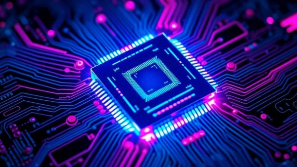 Futuristic microchip on circuit board, post-quantum cryptography theme.