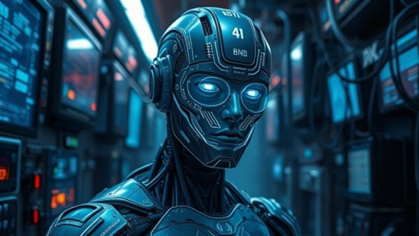 AI-powered remediation in application security concept with cybernetic being in tech environment.